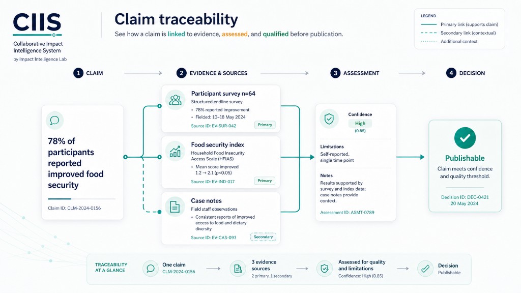CIIS evidence support diagram: typographic CIIS and 'by Impact Intelligence Lab'; outcome statement, evidence, assessment and publishable decision. Synthetic IDs.