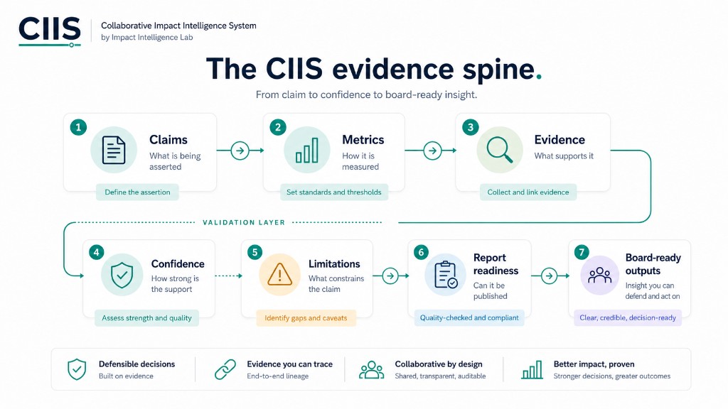 The CIIS evidence spine diagram: typographic CIIS with formal name and 'by Impact Intelligence Lab'; seven steps to board-ready outputs. Synthetic.