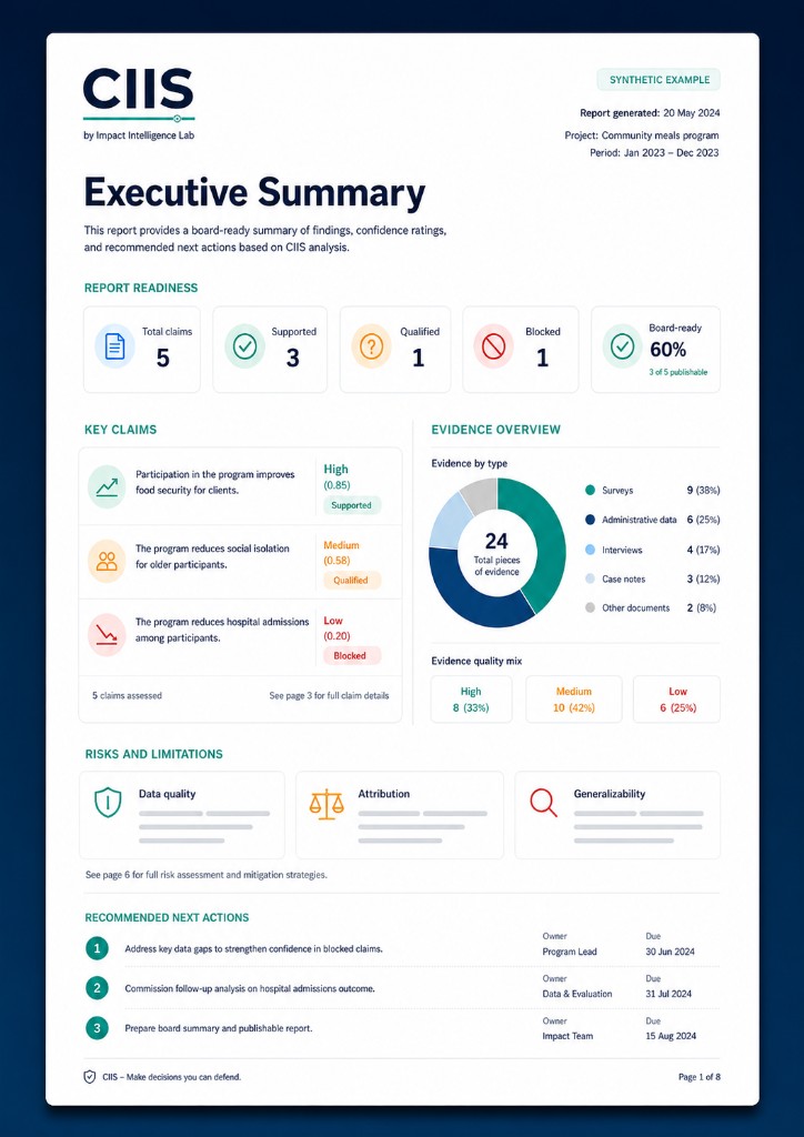 Synthetic executive summary in CIIS: cover uses typographic CIIS with 'by Impact Intelligence Lab'; inner page shows readiness, outcome statements and evidence overview